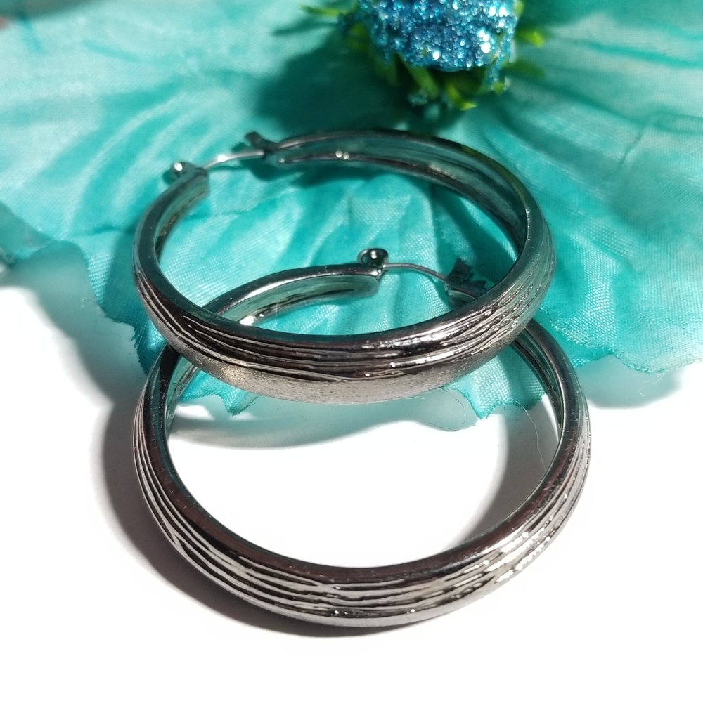 Textured hoop earrings dark silver tone metal